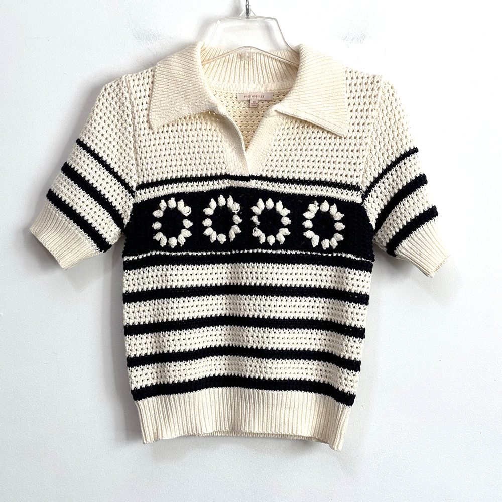 Skies Are Blue Sweater XS Crochet Cream Floral Short Sleeve Collared Trendy Knit